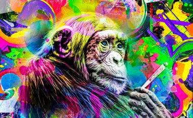 grunge background with graffiti ve boyalı maymun with cannabis cigarette color art