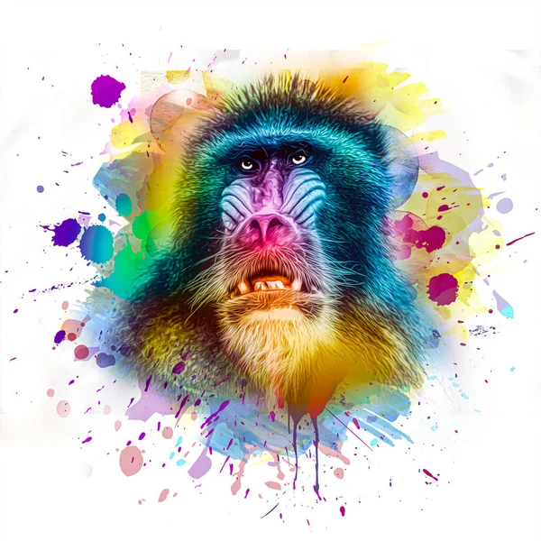 Macaco Artístico Colorido Babuino Focinho Com Respingos Tinta Brilhante Arte — Fotografia de Stock