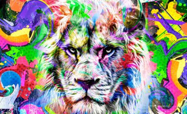 Beyaz arka plan renk sanatı üzerine yaratıcı soyut unsurlu kaplan kafası