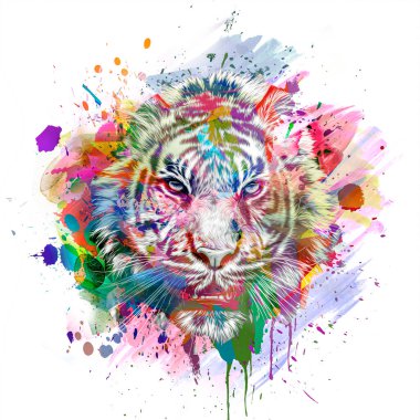 Bright abstract colorful background with tiger, paint splashes color ar