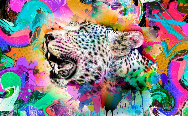 Leopardí Hlava Kreativními Abstraktními Prvky Barevném Pozadí — Stock fotografie