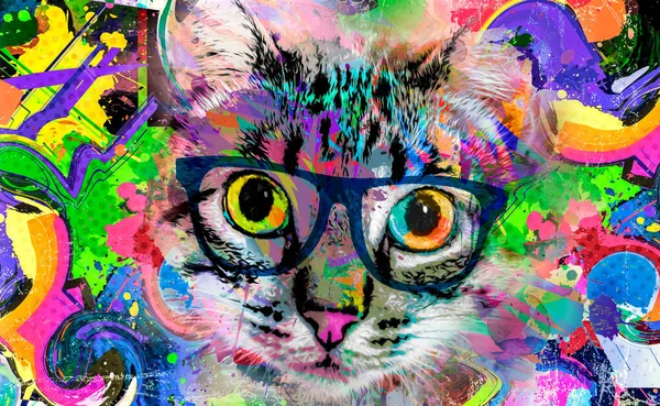 Colorful Artistic Kitty Muzzle Glasses Bright Paint Splatters White Background — Zdjęcie stockowe