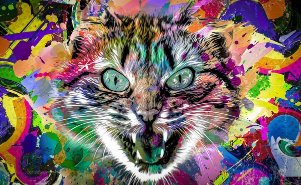 Testa Gatto Con Elemento Astratto Creativo Colorato Sfondo Bianco Arte — Foto Stock