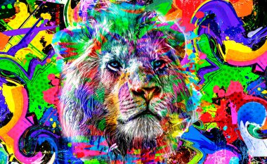 Beyaz arkaplan renk sanatı üzerine yaratıcı unsurlu aslan başı