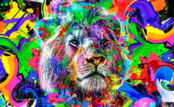 狮头与五彩缤纷的抽象元素在白色背景色彩艺术中的应用 — 图库照片