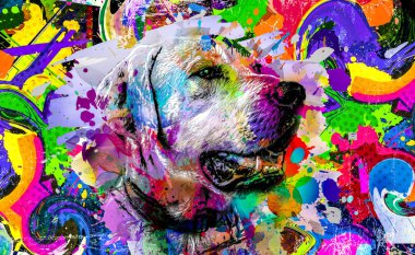 Beyaz arkaplan renk sanatında yaratıcı renkli soyut elementlere sahip köpek kafası