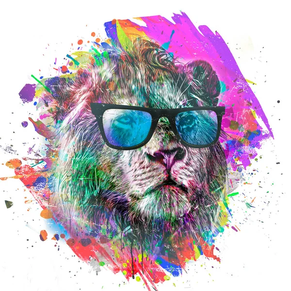 Αφηρημένη Πολύχρωμο Λιοντάρι Φορώντας Γυαλιά Απεικόνισης Γραφικό Σχεδιασμό Έννοια — Φωτογραφία Αρχείου