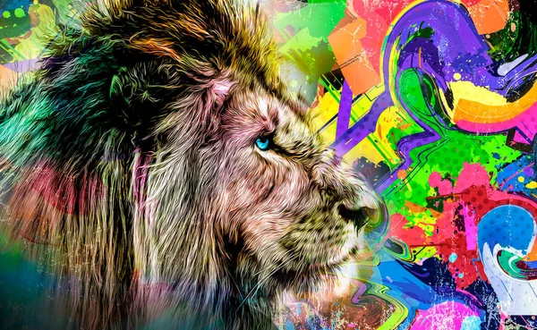 Löwenkopf Mit Bunten Kreativen Abstrakten Elementen Auf Weißem Hintergrund Farbkunst — Stockfoto