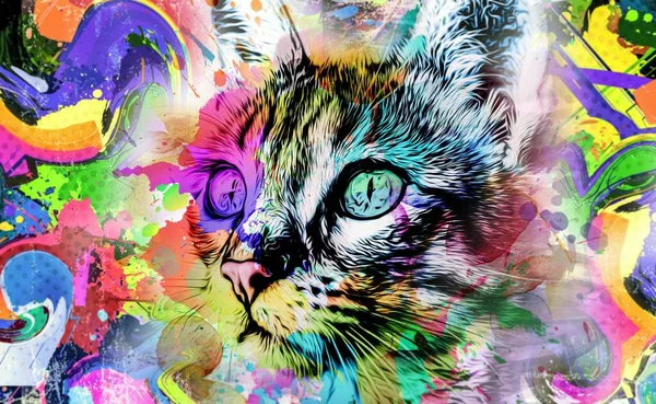 Colorful Artistic Kitty Muzzle Bright Paint Splatters White Background — Stok fotoğraf