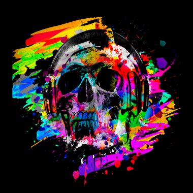 abstract artistic skull dj with headphones, graphic design concept
