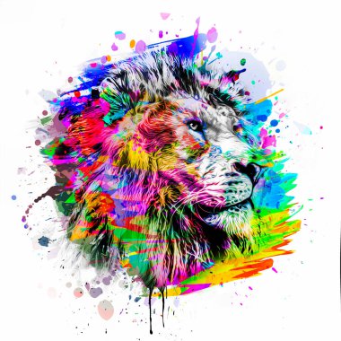 Lion head with colorful creative abstract element on color background grunge art