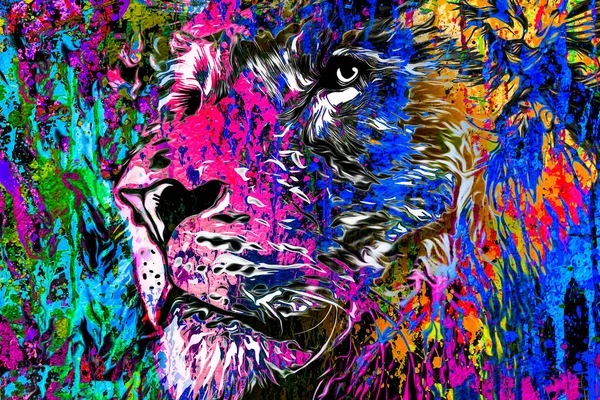 狮头与五彩缤纷的抽象元素在白色背景色彩艺术中的应用 — 图库照片