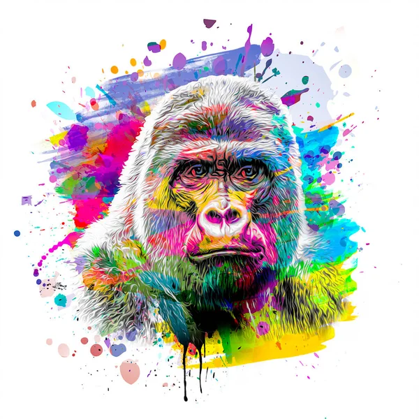 Colorful Artistic Gorillas Monkey Muzzle Bright Paint Splatters Color Background — 스톡 사진