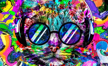 abstract colored cat muzzle in eyeglasses and headphones isolated on white background with paint splashes print art