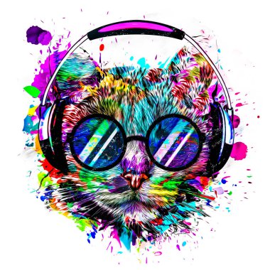 abstract colored cat muzzle in eyeglasses and headphones isolated on white background with paint splashes print art