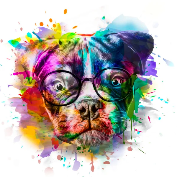 Gözlüklü Köpek Kafası Beyaz Arka Planda Renkli Yaratıcı Elementlerle Resmedilmiş — Stok fotoğraf