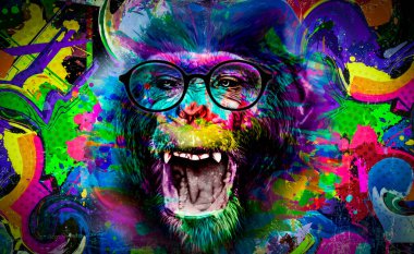grunge background with graffiti and painted monkey in headsets and glasses color art