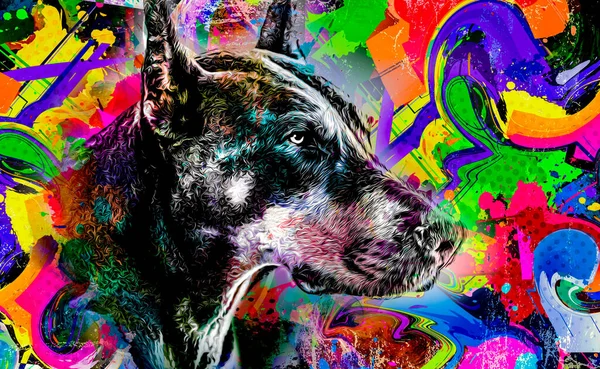 colorful artistic doberman dog muzzle with bright paint splatters on color background