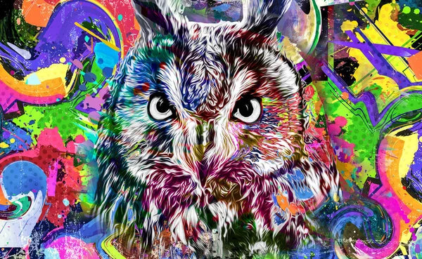 Colorful Artistic Owl Bright Paint Splatters White Background Color Art — Stock Photo, Image