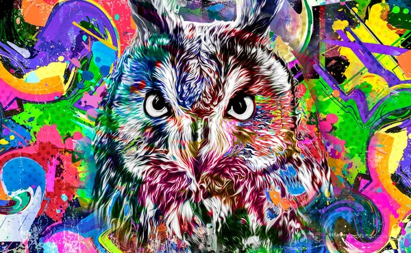 colorful artistic owl with bright paint splatters on white background color art