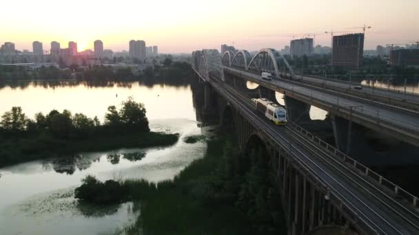 Darnitsky Bridge Dnieper River Ukraine City Kiev Video Drone Span — Stock Video