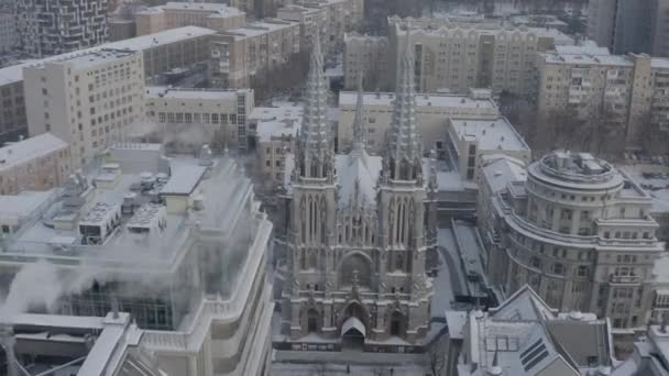 Gotická Katedrála Zimě Kostel Mikuláše Kyjevě Ukrajina Římskokatolická Církev Letecký — Stock video