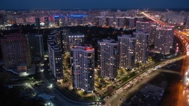Megapolis Casas Modernas Cidade Kiev Ucrânia Boa Noite Aviação — Vídeo de Stock