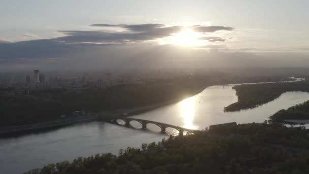 General Plan City Overlooking Dnieper River Sunset Summer Aerial Ukraine — Stock Video