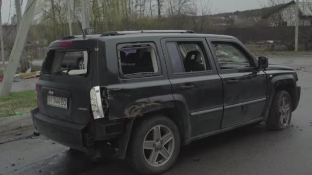 Irpin Ukraine 2022 Abandoned Shot Cars War Ukraine Bombing City — стоковое видео