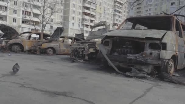 Şehir Bombalandıktan Sonra Konut Binalarının Yakınındaki Bir Otoparkta Yanmış Arabalar — Stok video