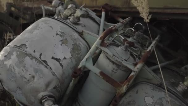 Abandoned Rusty Radioactive Equipment Soviet Union Cemetery Technology Rassokha Chernobyl — Stock Video