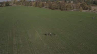 Agro drone sahada çalışıyor. Kimyasallarla alan tedavisi. Böceklere böcek ilacı sıkmak. Tarım sektöründe yenilikler. Yeni teknolojiler. Havadan. 