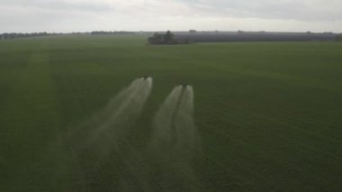 Agro drone sahada çalışıyor. Kimyasallarla alan tedavisi. Böceklere böcek ilacı sıkmak. Tarım sektöründe yenilikler. Yeni teknolojiler. Havadan. 