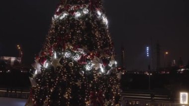 New Year tree in Kyiv. Holidays. A beautifully decorated Christmas tree made of illuminations. Ukraine. Aerial