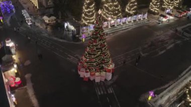 New Year tree in Kyiv. Holidays. A beautifully decorated Christmas tree made of illuminations. Ukraine. Aerial