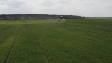 Agro drone sahada çalışıyor. Kimyasallarla alan tedavisi. Böceklere böcek ilacı sıkmak. Tarım sektöründe yenilikler. Yeni teknolojiler. Havadan. 