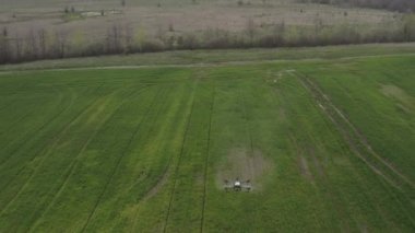 Agro drone sahada çalışıyor. Kimyasallarla alan tedavisi. Böceklere böcek ilacı sıkmak. Tarım sektöründe yenilikler. Yeni teknolojiler. Havadan. 