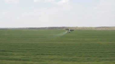 Agro drone sahada çalışıyor. Kimyasallarla alan tedavisi. Böceklere böcek ilacı sıkmak. Tarım sektöründe yenilikler. Yeni teknolojiler. Havadan. 