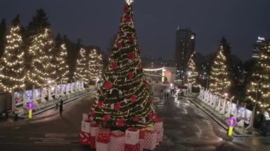 New Year tree in Kyiv. Holidays. A beautifully decorated Christmas tree made of illuminations. Ukraine. Aerial