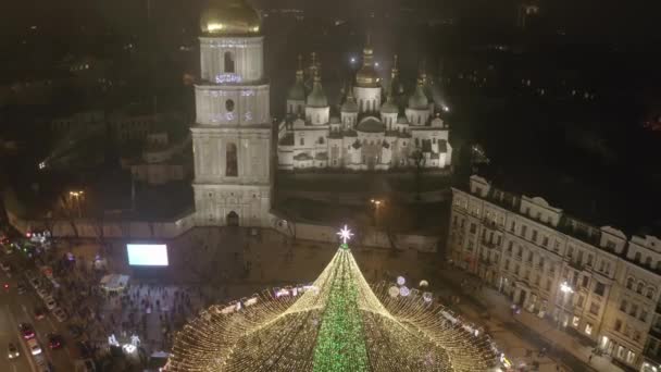 Flygfoto Ukrainas Viktigaste Julgran Ligger Sofiiska Torget Nära Saint Sophia — Stockvideo