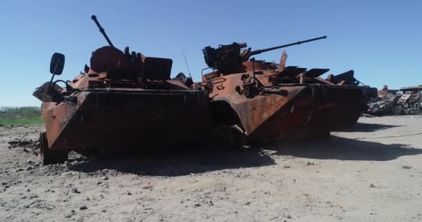 Destroyed Military Convoy Burnt Combat Vehicles Rusty Tech Consequences Artillery — Stockvideo
