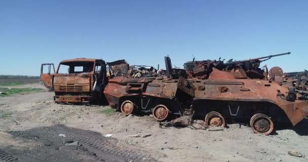 Destroyed Military Convoy Burnt Combat Vehicles Rusty Tech Consequences Artillery — Video