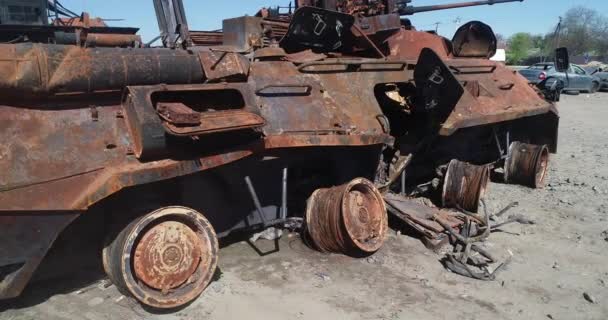 Destroyed Military Convoy Burnt Combat Vehicles Rusty Tech Consequences Artillery — Vídeo de stock