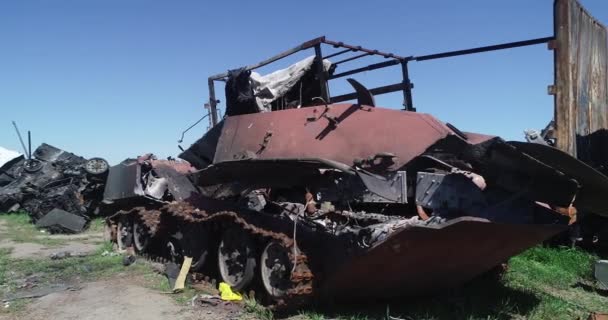 Destroyed Military Convoy Burnt Combat Vehicles Rusty Tech Consequences Artillery — Vídeo de Stock