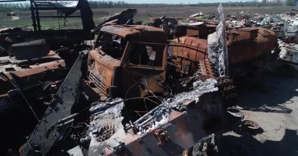 Destroyed Military Convoy Burnt Combat Vehicles Rusty Tech Consequences Artillery — Stockvideo