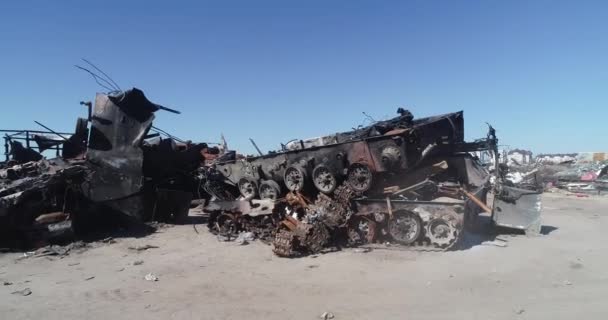 Destroyed Military Convoy Burnt Combat Vehicles Rusty Tech Consequences Artillery — Video Stock