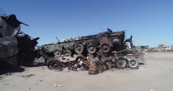 Destroyed Military Convoy Burnt Combat Vehicles Rusty Tech Consequences Artillery — Video Stock