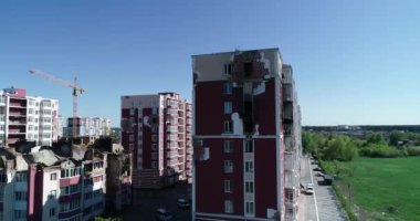 Destroyed residential modern house after air attack. War in Ukraine. Catastrophe. Holes in the walls from shells. Catastrophe. Aerial. Gostomel city. 
