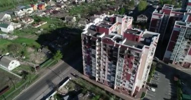 Destroyed residential modern house after air attack. War in Ukraine. Catastrophe. Holes in the walls from shells. Catastrophe. Aerial. Gostomel city. 