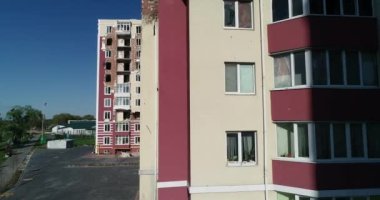 Destroyed residential modern house after air attack. War in Ukraine. Catastrophe. Holes in the walls from shells. Catastrophe. Aerial. Gostomel city. 